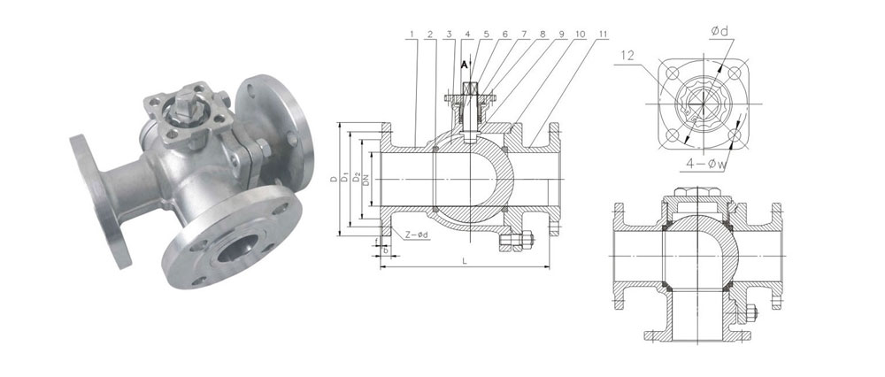 三通法蘭球閥結(jié)構(gòu)圖